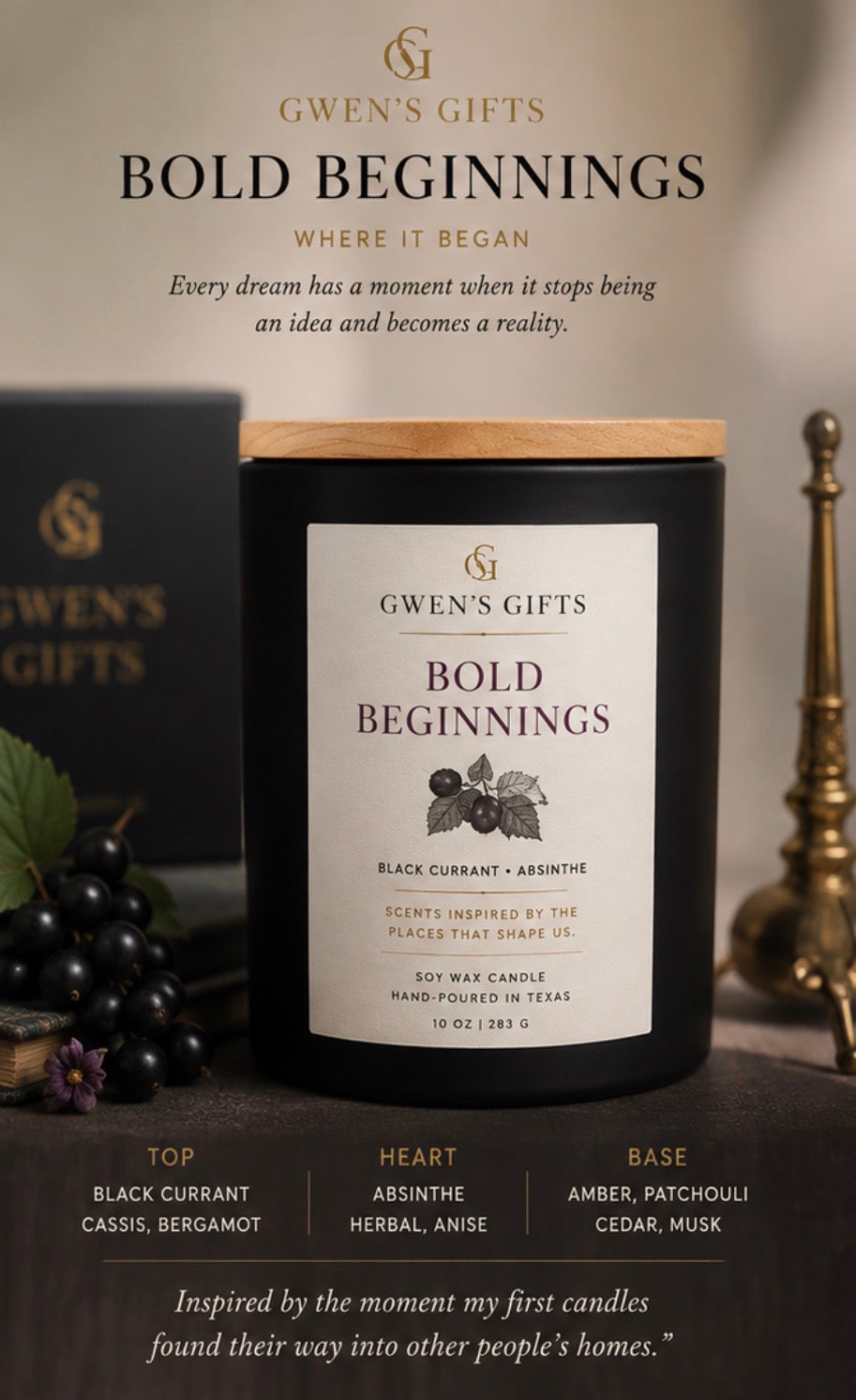 Bold Beginnings Luxury Candle | Black Currant & Absinthe Soy Candle | Gwen’s Gifts