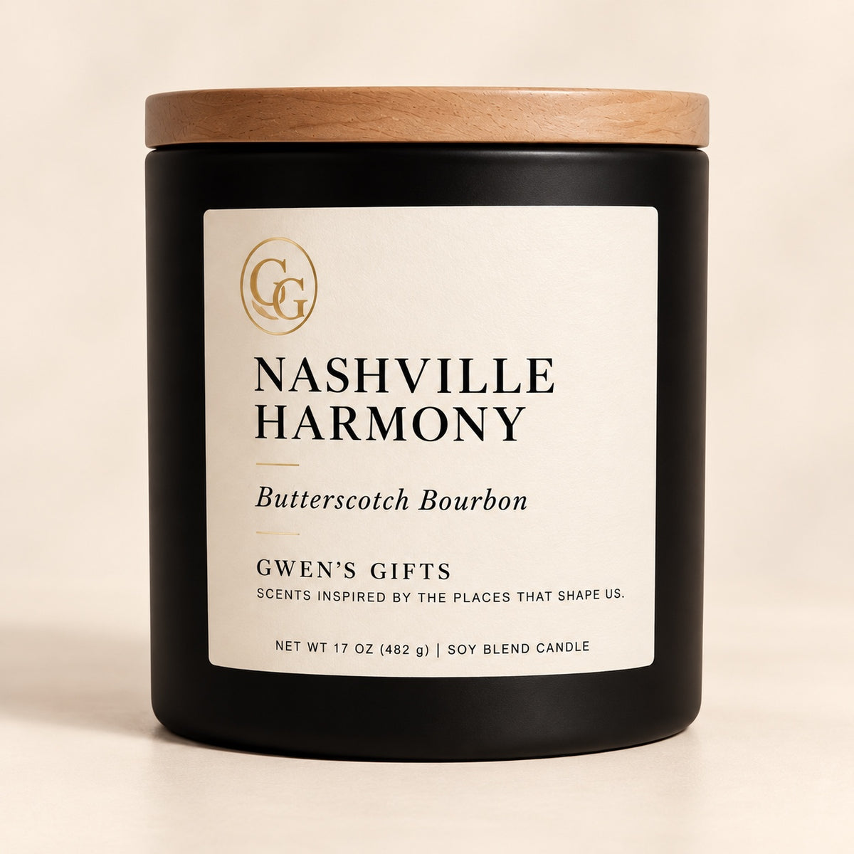 Nashville Harmony candle, Butterscotch Bourbon, in a matte black vessel with a natural wood lid