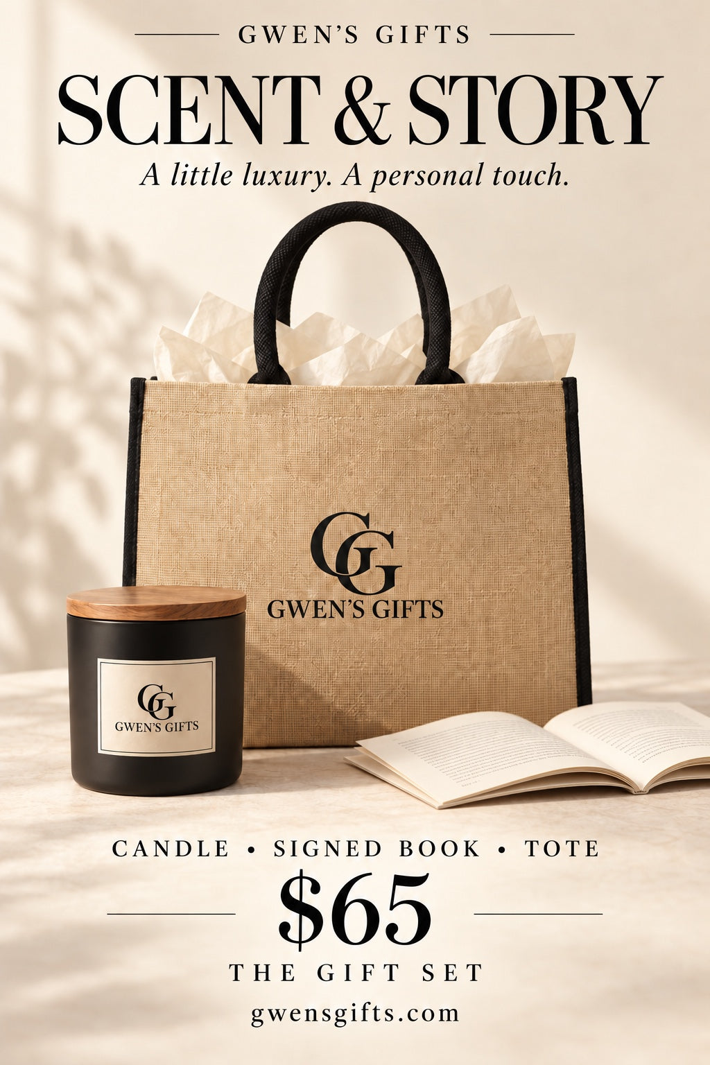 Scent & Story gift set: a Gwen’s Gifts tote filled with tissue paper, a matte black Gwen’s Gifts candle and an open book