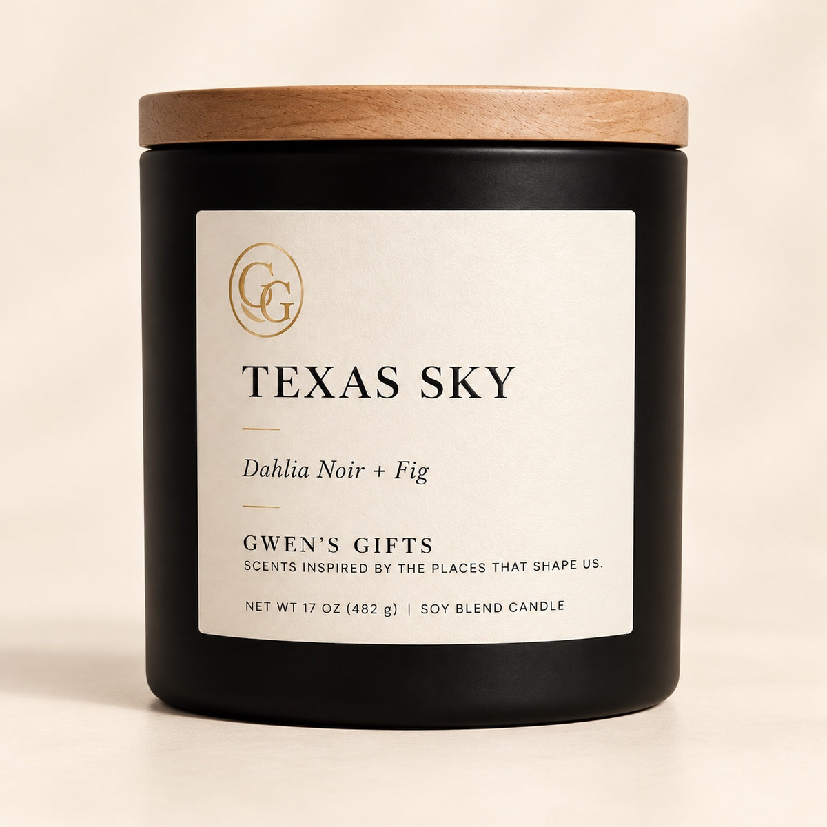 Texas Sky candle, Dahlia Noir and Fig, in a matte black vessel with a natural wood lid